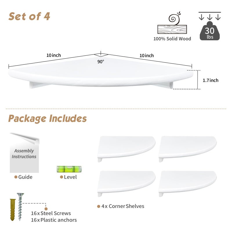 Forbena White Corner Floating Shelves for Wall Set of 4  Rounded Corner Shelves Wall Mounted for Kids Bedroom Books  Cute Wood Hanging Corner Shelf for Bathroom Decor  Living Room  Small Spaces - Image 2